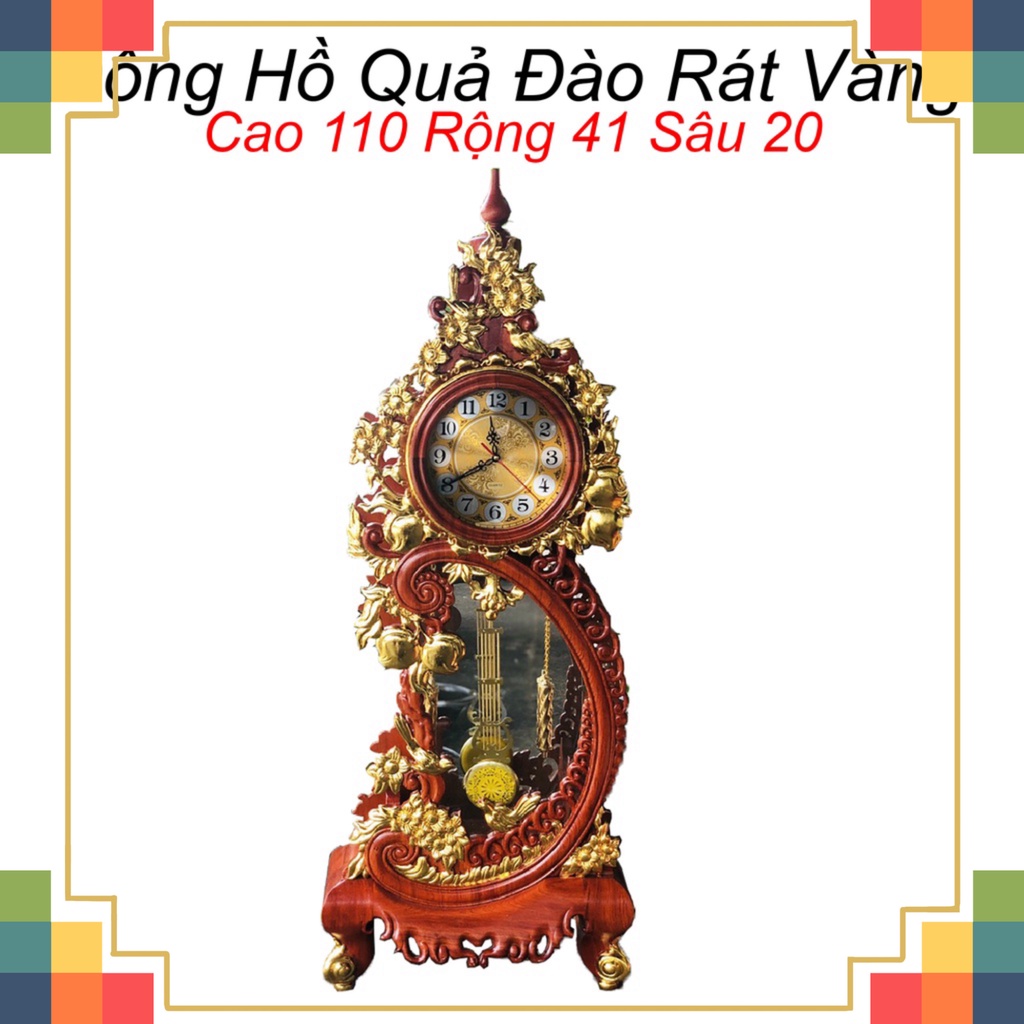 Đồng hồ quả đào phòng khách gỗ hương rát vàng cao 110cm