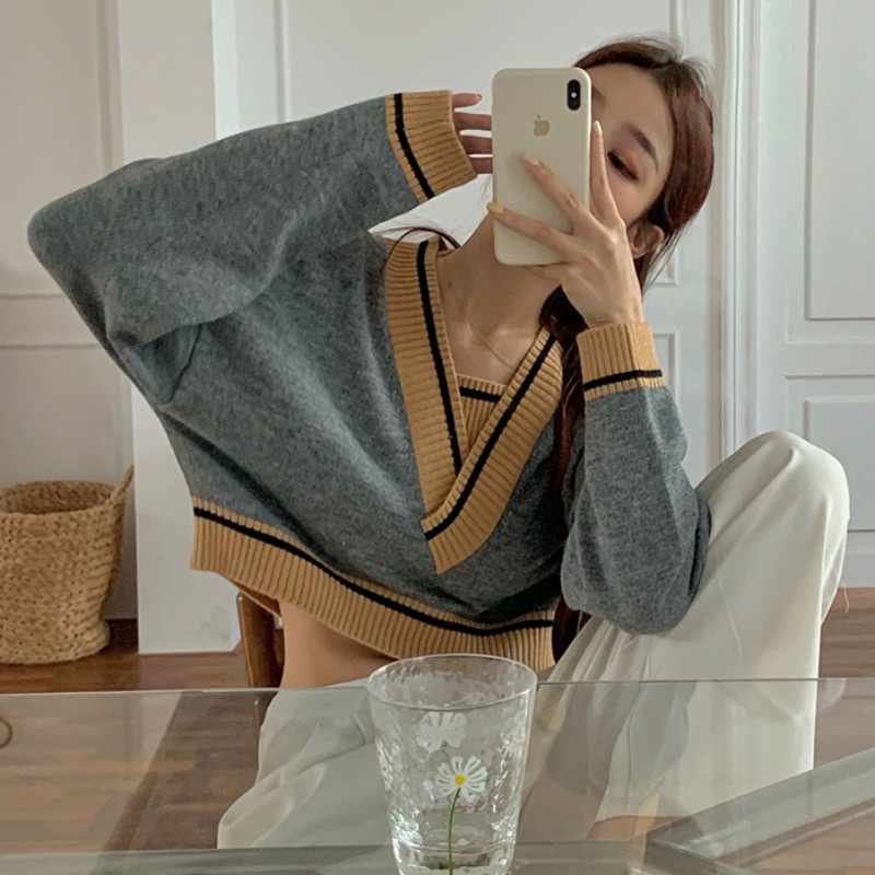 Áo sweater dệt kim cổ chữ v giả hai lớp phong cách retro hàn quốc cho nữ