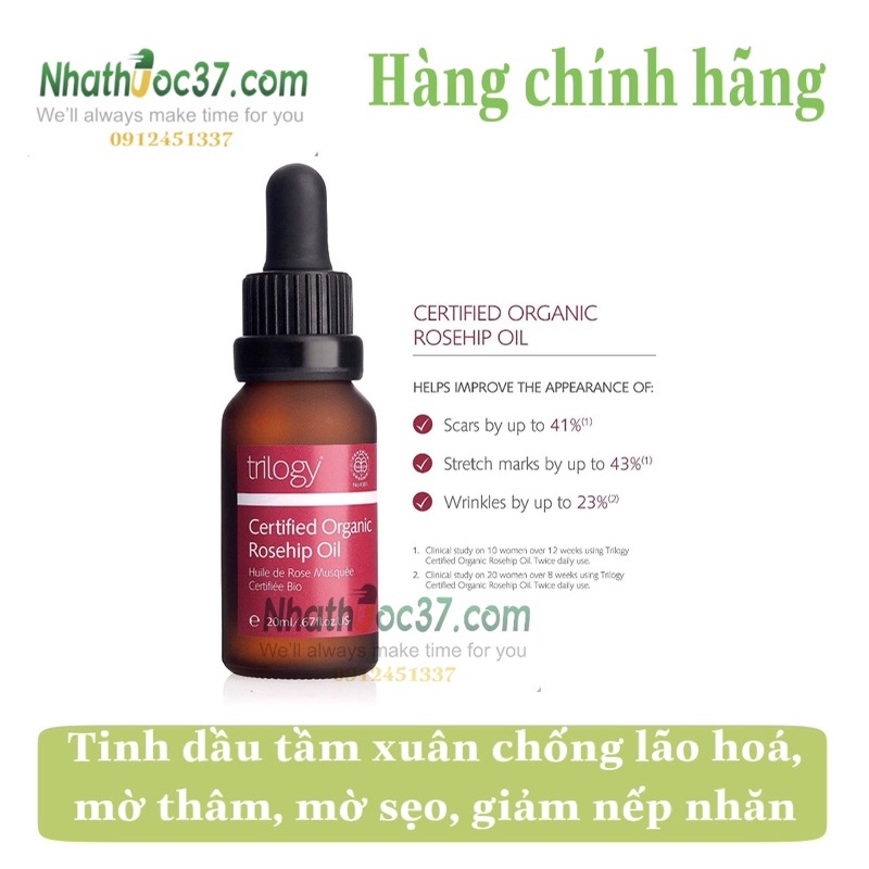 Dầu tầm xuân Trilogy rosehip oil mờ thâm sẹo, dưỡng ẩm, sáng mịn da, ngăn ngừa và làm mờ vết rạn da, giảm nếp nhăn