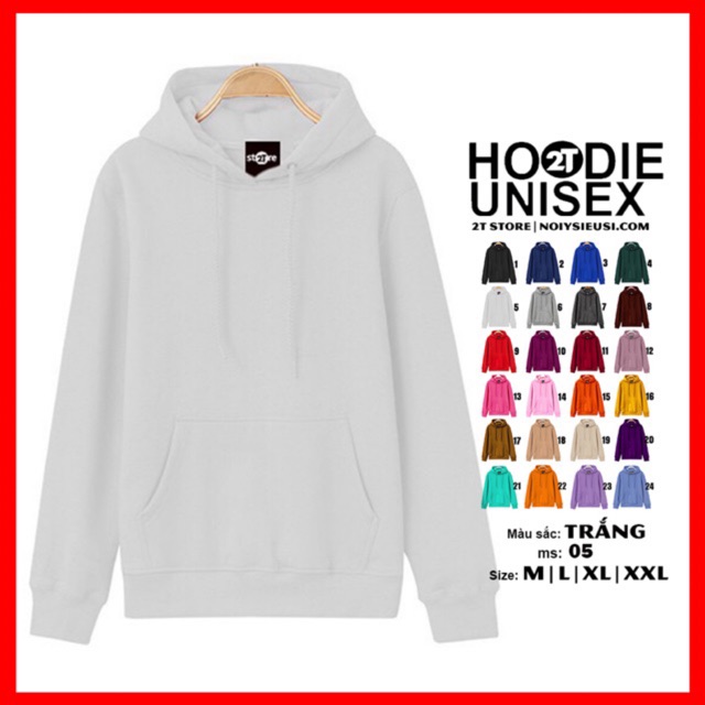 Áo hoodie unisex 2T Store H05 màu trắng - Áo khoác nỉ chui đầu nón 2 lớp dày dặn đẹp chất lượng