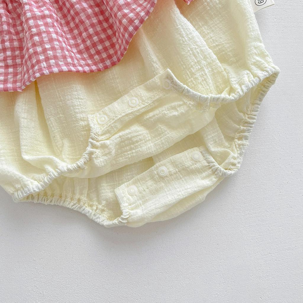 Áo liền quần Cotton Kẻ SọC Caro + Mũ Cho Bé GáI