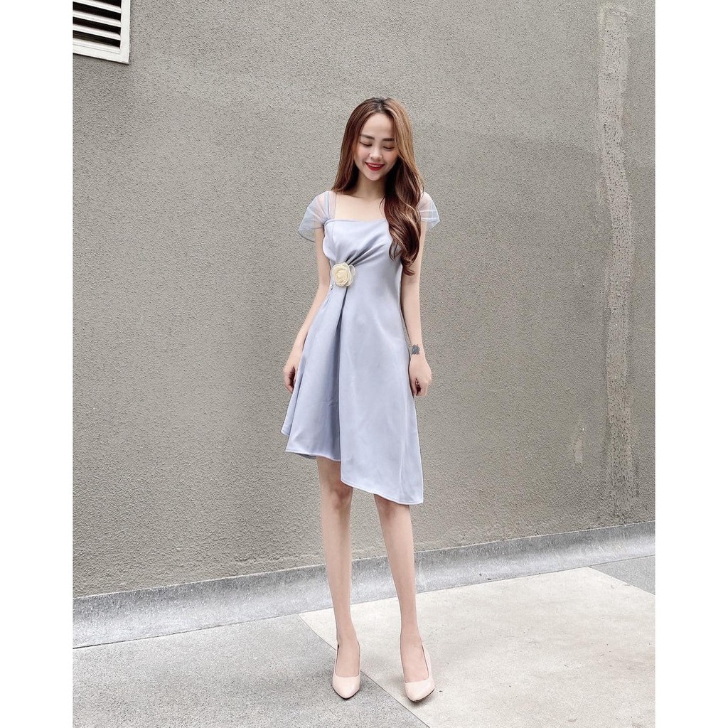 Đầm nữ đầm dự tiệc vạc xéo cài hoa đầm xòe công sở đẹp CHIBEST CB024
