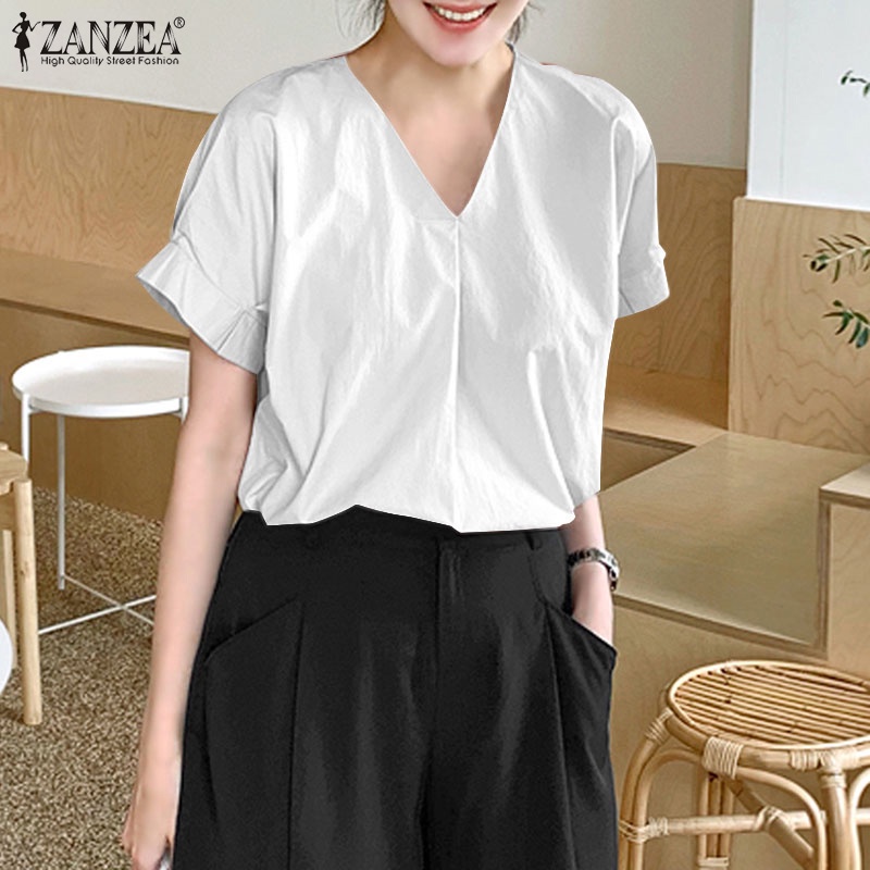 Áo thun ZANZEA tay ngắn cổ chữ V thời trang phong cách Hàn Quốc cho nữ