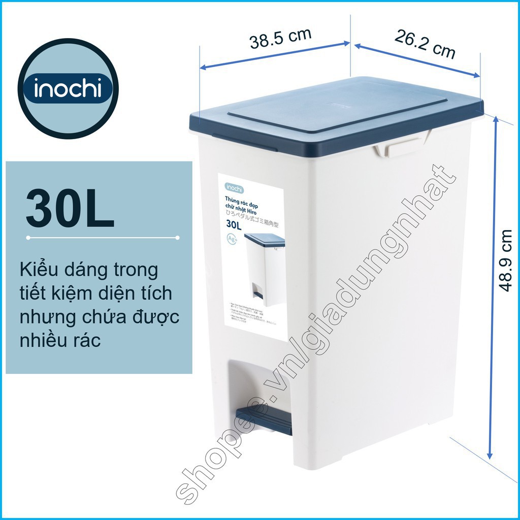 Thùng Rác Nhựa Đạp Chân Nắp Đậy Chữ Nhật Inochi 30 Lít Làm Sọt Rác Văn Phòng,Đựng Rác Gia Đình, Trong Nhà, Ngoài Trời (t