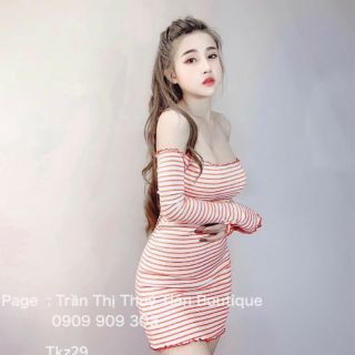 Váy body kẻ trễ vai cực sexy