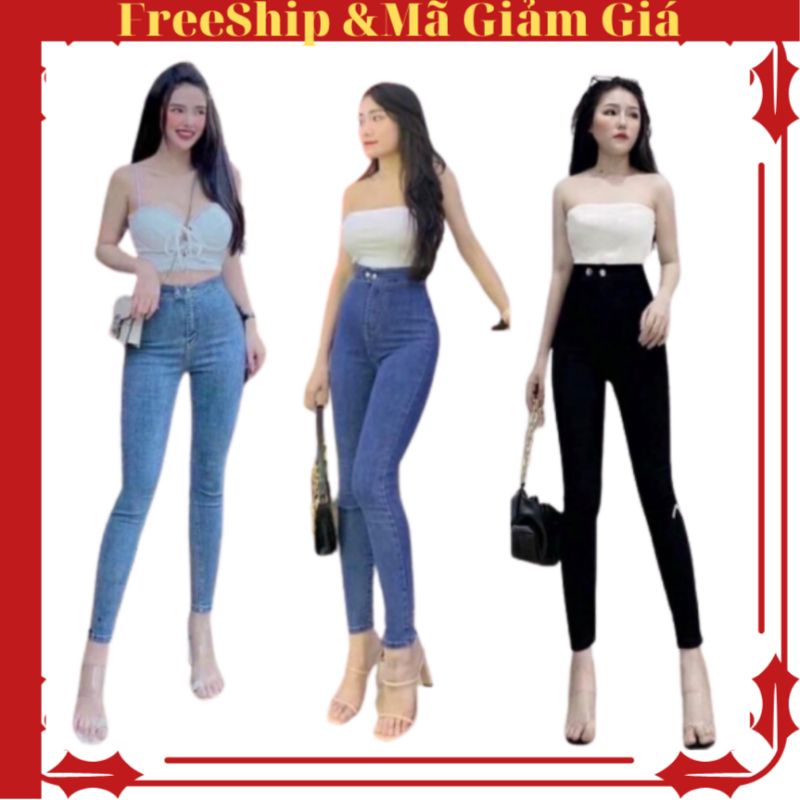 Quần jean nữ lưng siêu cao dáng ôm trơn và rách đùi 2 nút chất vải jean mịn co giãn mạnh [ FREESHIP + MÃ GIẢM GIÁ ]
