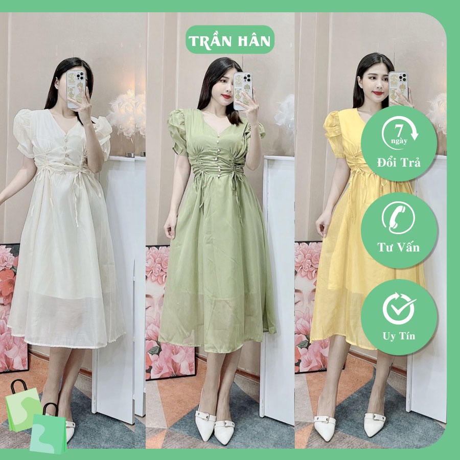 Váy nữ cổ V chất tơ 2 lớp vintage tay bồng hoạ tiết trơn phong cách nữ tính bánh bèo thời trangI Trần Hân Shop 3007443
