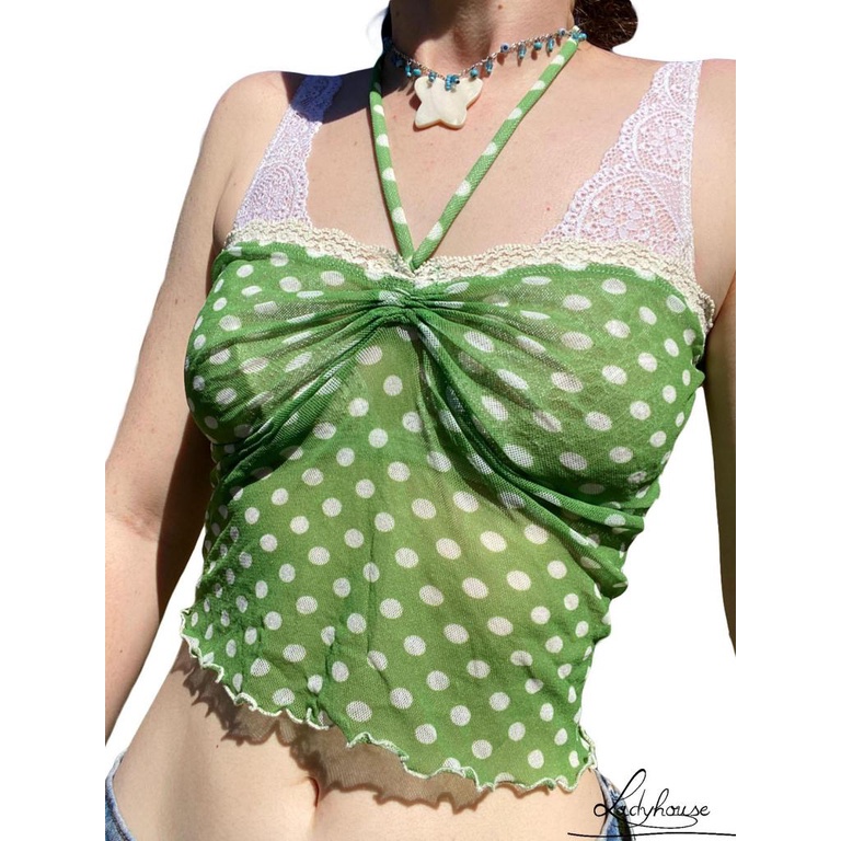 Áo croptop cổ thuyền buộc dây họa tiết chấm bi ôm dáng dành cho nữ