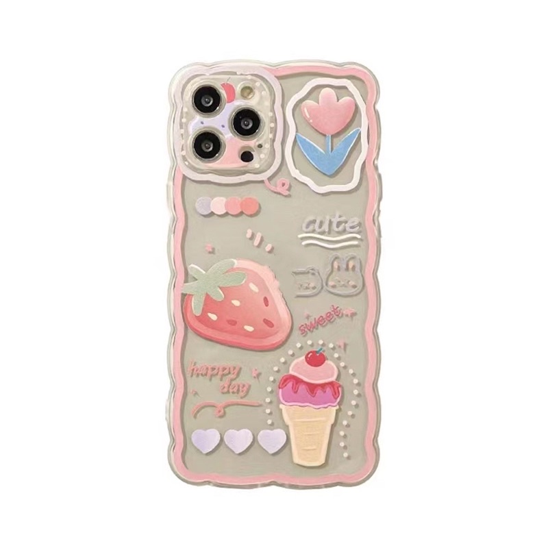 (SIÊU RẺ) Ốp lưng iphone viền sóng quả dâu tây que kem happy day 7plus/8/8plus/x/xr/xs/11/12/13/pro/max/plus/promax