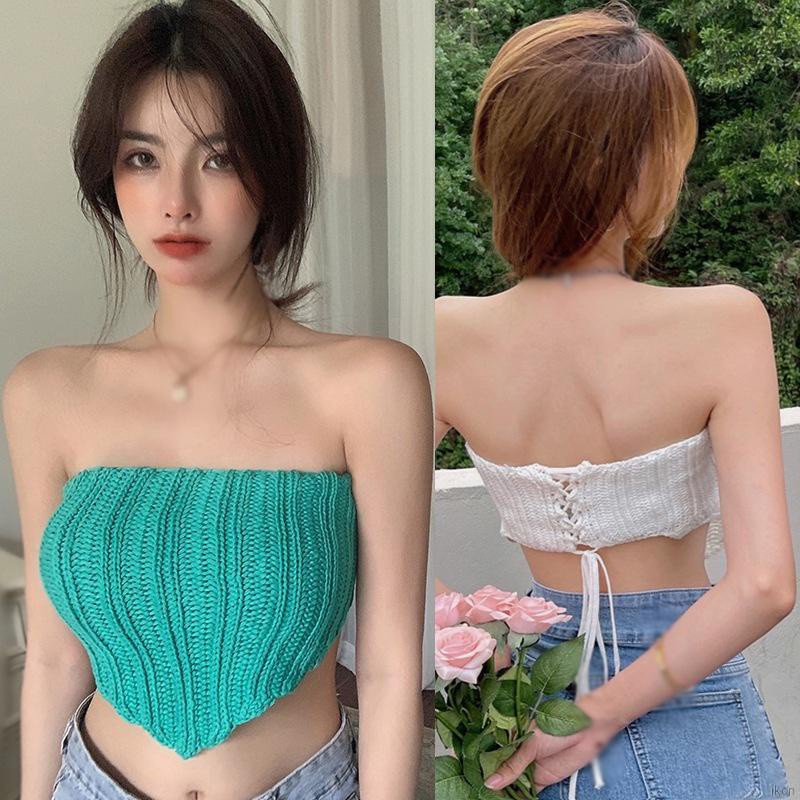 Áo hai dây croptop dệt kim màu trơn thiết kế rút dây thời trang hàn quốc cho nữ Áo Croptop