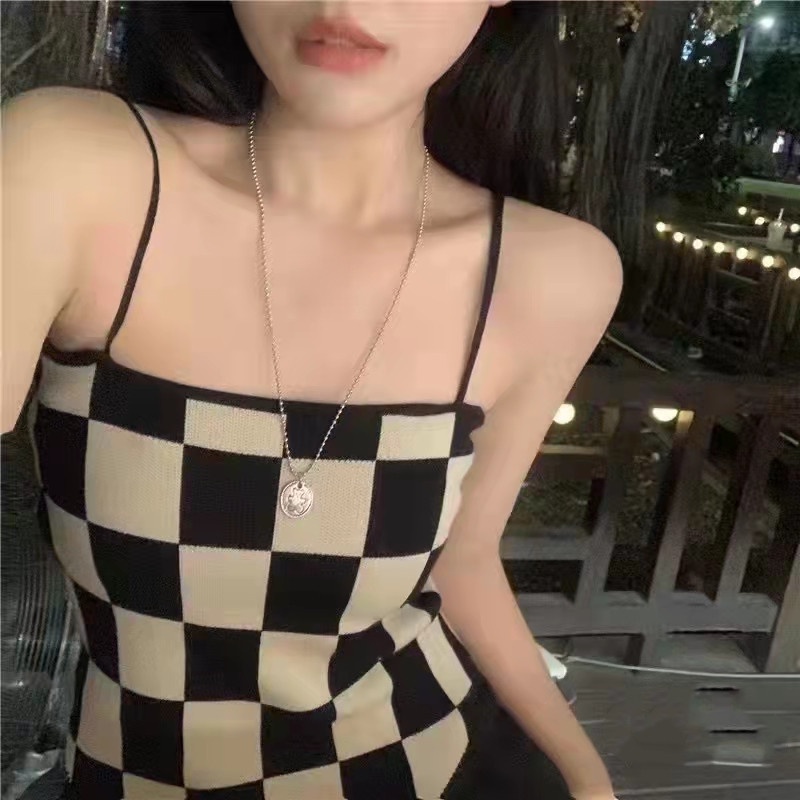 DUNEA Áo Hai Dây Dệt Kim Kẻ Caro Quyến Rũ Thời Trang Cho Nữ