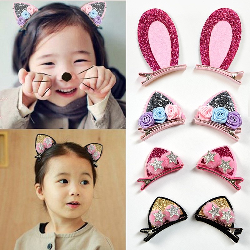 Set 2 kẹp tóc tai mèo-tai thỏ đính sequin lấp lánh/ru băng dễ thương xinh xắn phong cách Hàn Quốc dễ thương cho bé yêu