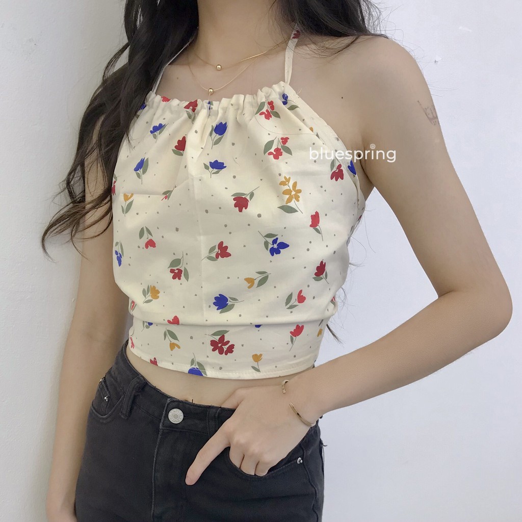 ÁO KIỂU NỮ HAI DÂY BANDANA CỔ YẾM CỘT NƠ LƯNG HỌA TIẾT THỔ CẨM HOA NHÍ-BLUESPRING CLOSET