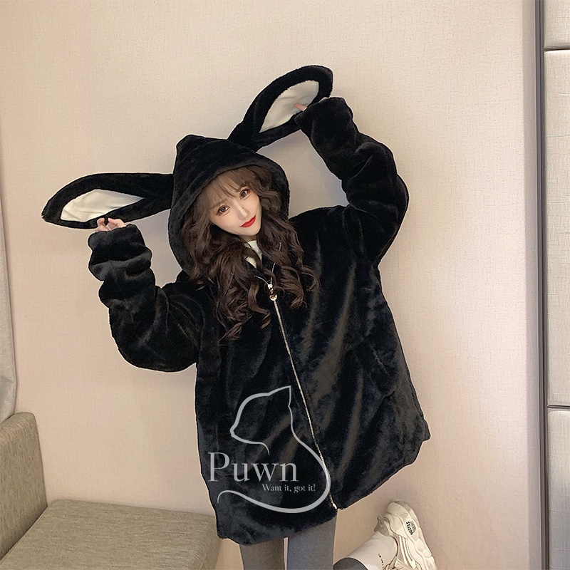 Áo khoác lông trắng tai thỏ hồng ấp áp siêu cute, phô mai que Puwn Shop