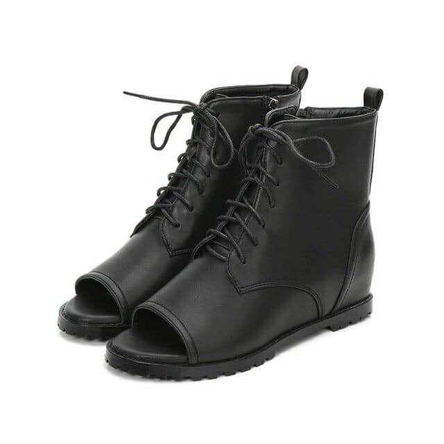 Giầy Boot Da KAILI Buộc Dây Hở Mũi Độn Đế Tăng Chiều Cao ;