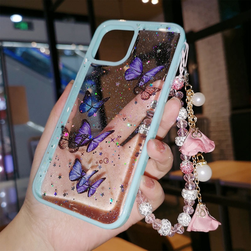 Ốp Điện Thoại Kim Tuyến Hình Bướm Có Dây Đeo Cho iPhone 13 12 11 Pro Max Mini XS Max XR X 6 7 8 Plus SE 2020