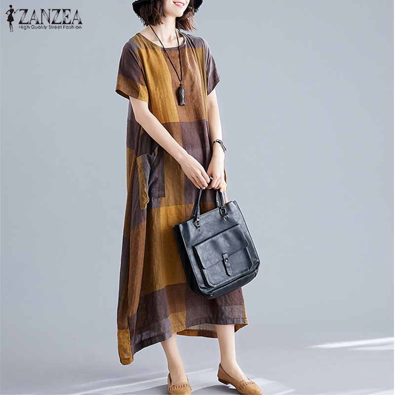 Đầm Maxi ZANZEA Tay Ngắn Họa Tiết Caro Cổ Điển Đơn Giản Cho Nữ