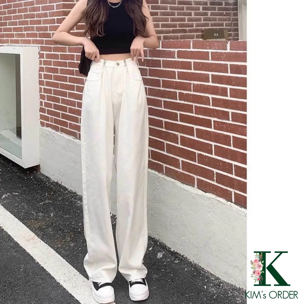 Quần Jean Nữ Ống Suông Cạp Gài Khuy Điều Chỉnh Eo Màu Trắng Đen Xanh Hồng Lưng Cao Phom Rộng Phong Cách Ulzzang Cá Tính