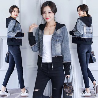 Áo khoác jean nữ nón trùm thêu chữ thời trang