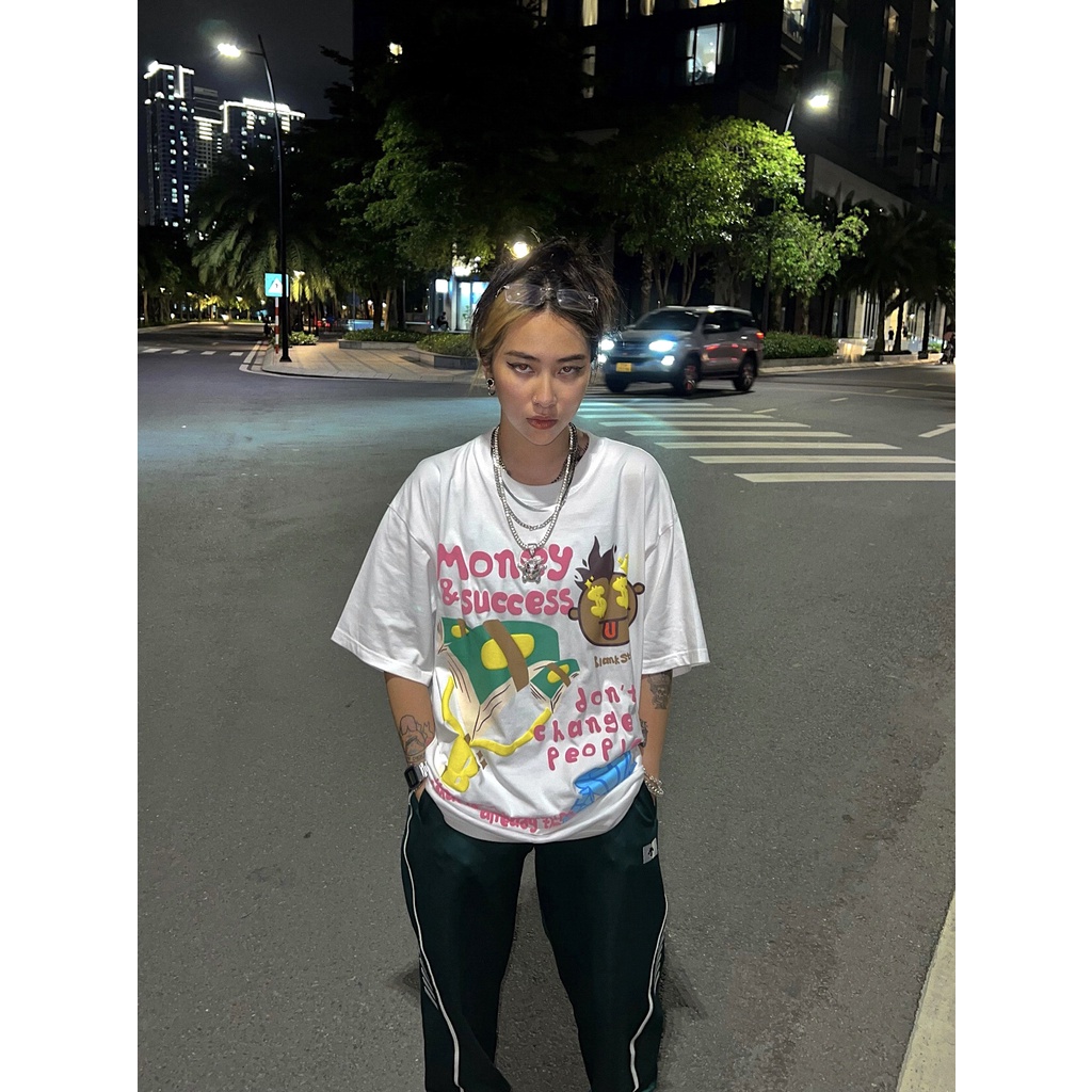 BLANK | Áo Thun Money &amp; Success Tay Lỡ Unisex - Đen/Trắng Cổ Tròn