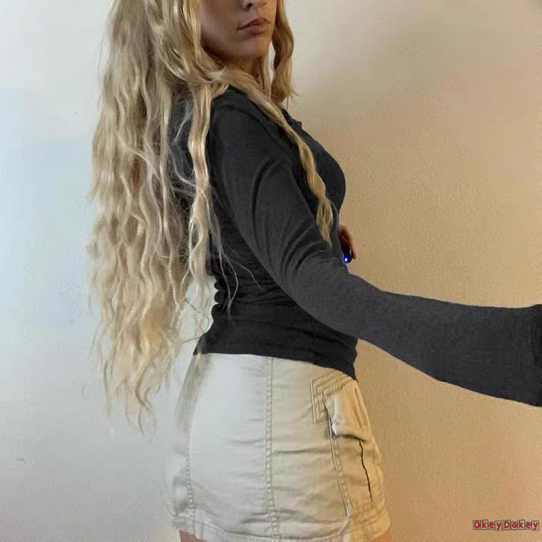 Áo Thun Ôm Dáng Cổ Chữ V Có Gân Cổ Điển Y2K Cho Nữ