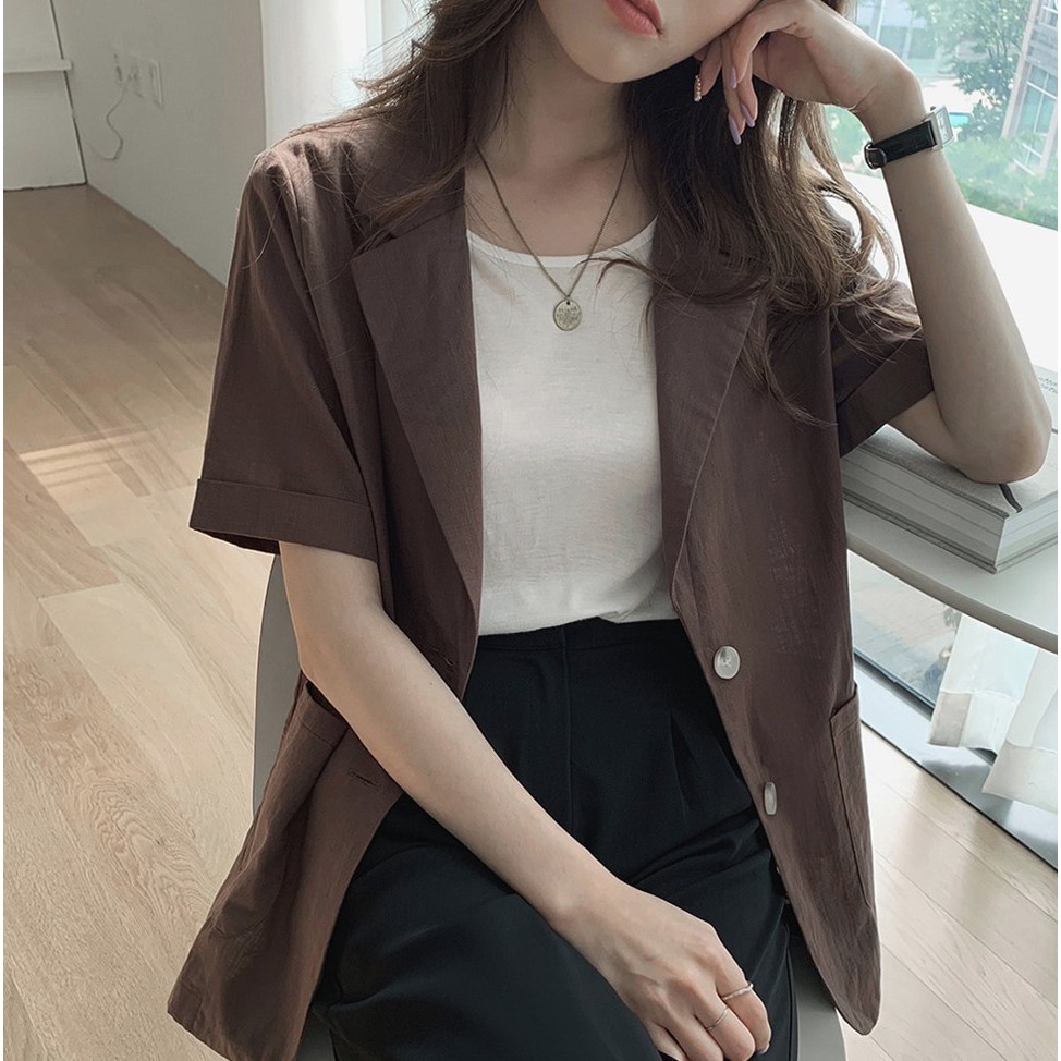 Áo khoác blazer tay ngắn cài khuy phong cách Hàn Quốc dành cho bạn nữ 43951 | BigBuy360 - bigbuy360.vn