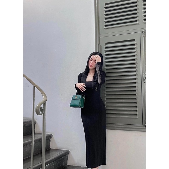 Đầm body tay dài cổ vuông xoắn lưng