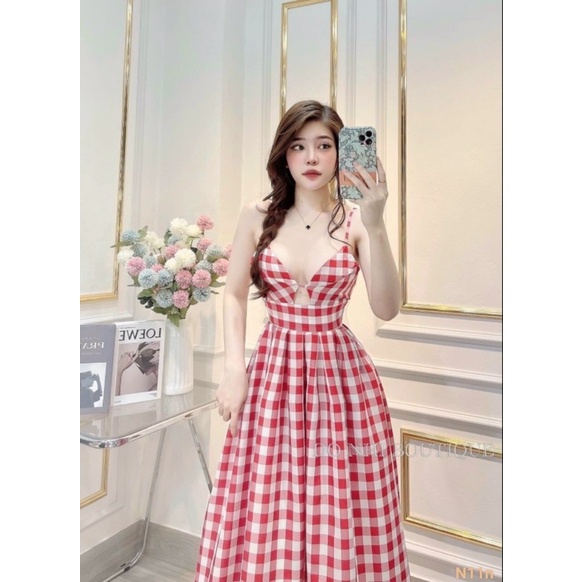 Đầm maxi caro hai dây khoét ngực thắt nơ lưng có mút ngực