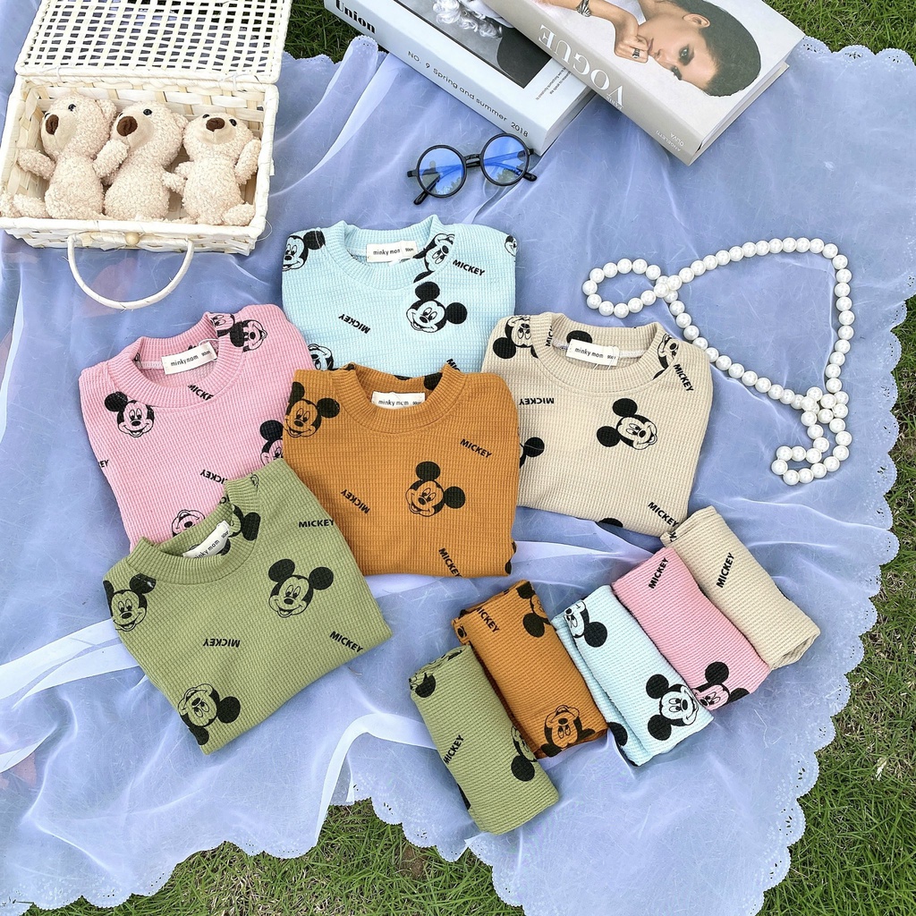 Bộ dài tay thu đông cho bé trai bé gái 8-18kg, vải tổ ong cao cấp, họa tiết Mickey ngộ nghĩnh - BO102