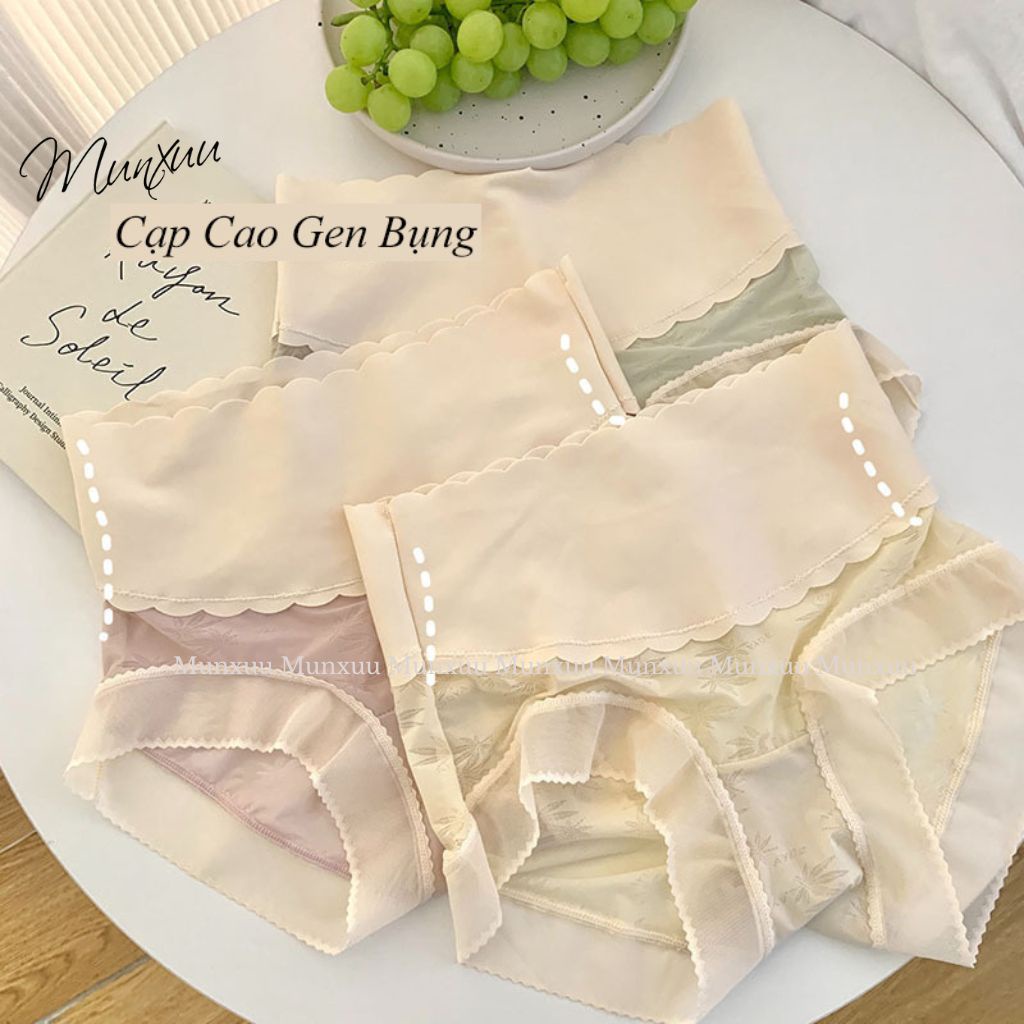 Quần lót nữ cạp cao hỗ trợ gen bụng thon gọn MUNXUU, vải ren gấm phối cạp su bản to định hình vòng eo - GB16