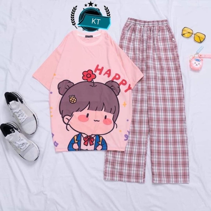 bộ thun tay lỡ cô gái kute dễ thương + quần kẻ dài ống rộng
