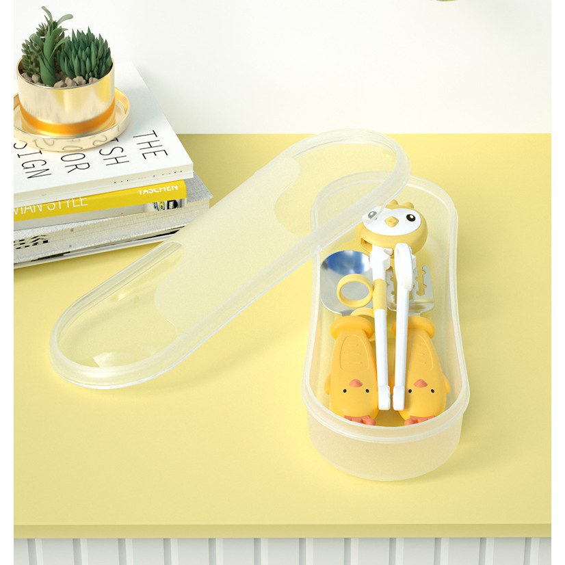 Bộ Hộp Muỗng, Nĩa, Đũa Tập Ăn dụng cụ bàn ăn inox 304 Hàn Quốc Hình Gà Con Dễ thương Cho Bé