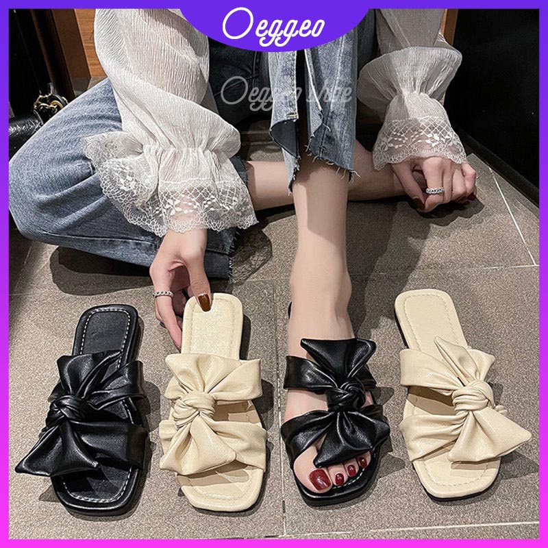 Oeggeo shop Dép Nữ Mũi Vuông Trang Trí Nơ Cửa Hàng