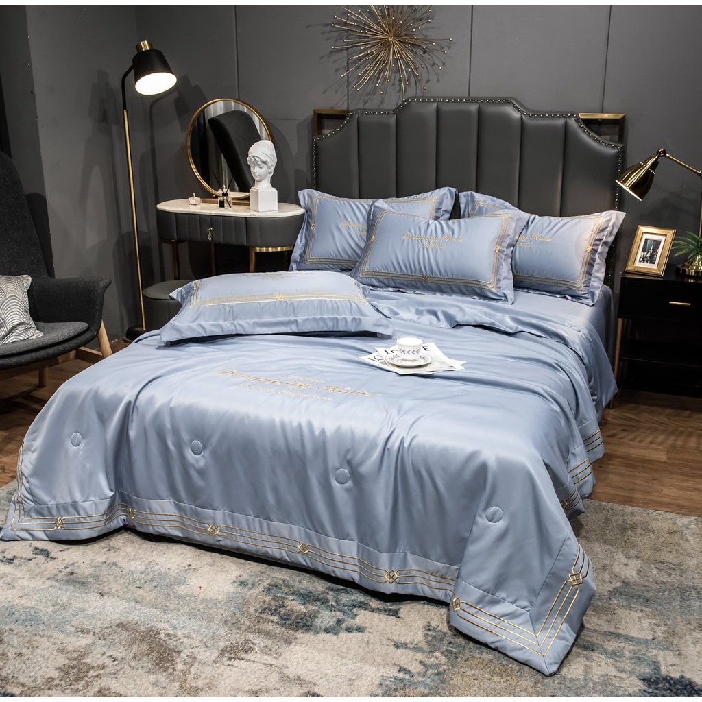 Bộ chăn ga gối phi lụa chăn trần DreamCityHome nhập khẩu cao cấp, Ga gối phi lụa siêu mềm mịn thoáng mát không xù