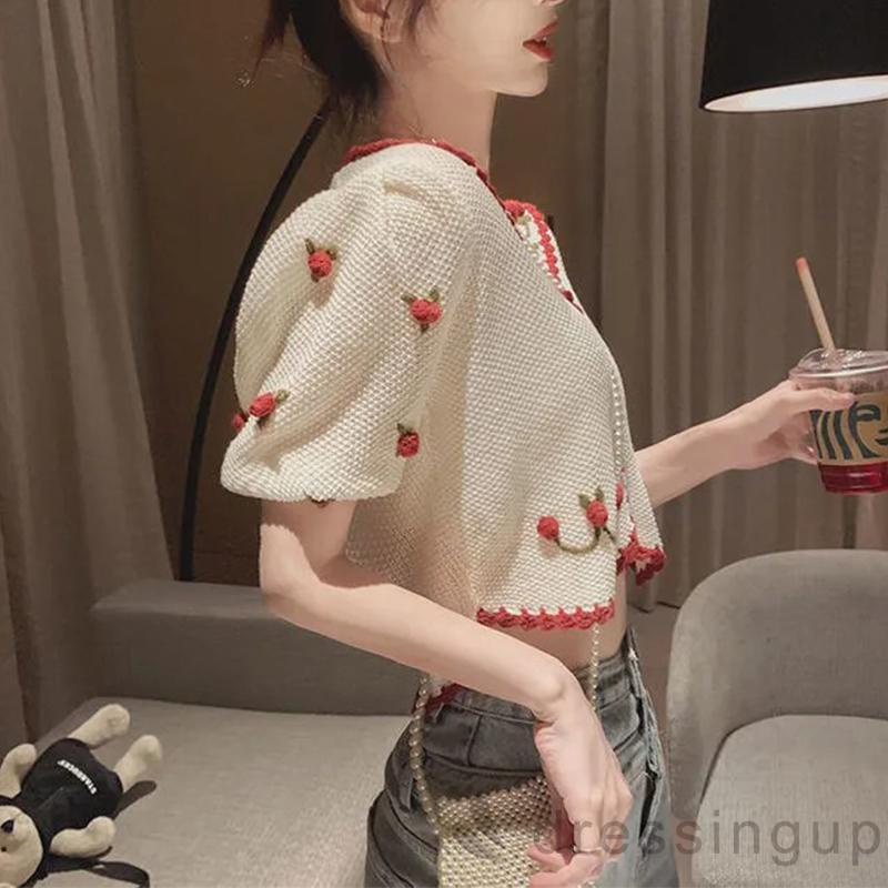 DRE-Ladies V-neck Short Tops, Summer Three-dimensional Flower Pattern Puff Short Sleeve Single-breasted Tops