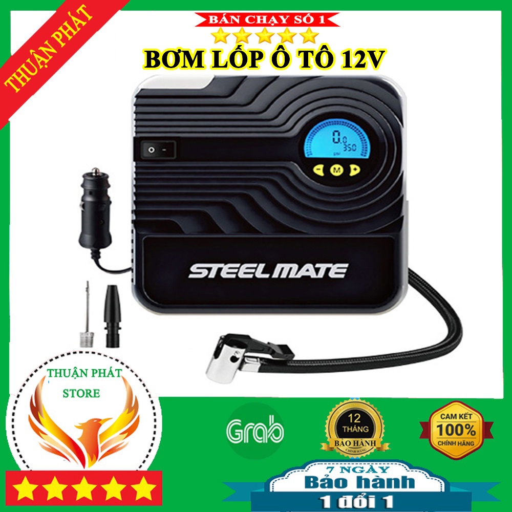 Bơm lốp ô tô 12v STEELMATE,Bơm ô tô 12v công suất 102W tự động ngắt,đèn LED chiếu sáng