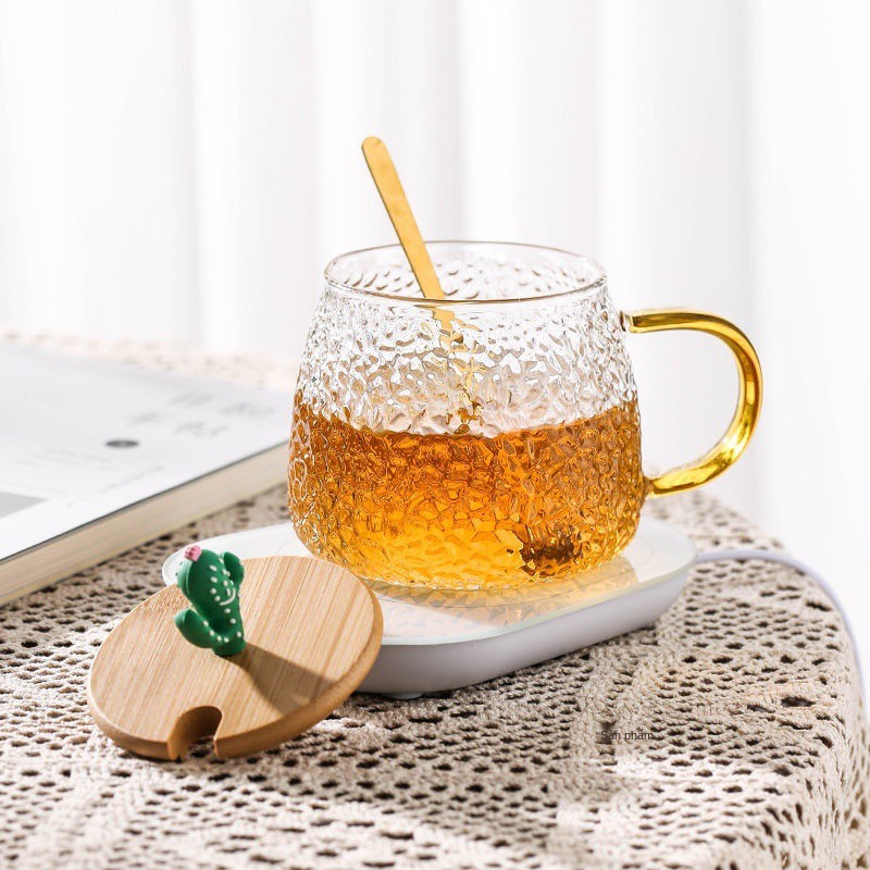 cốc thủy tinh chịu nhiệt tự động coaster làm nóng hoa Teacup Sữa Thông Minh Quà Tặng Tết