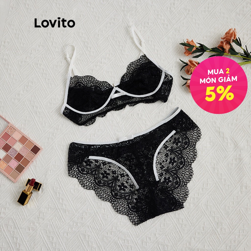 Set quần lót và áo ngực Lovito vải xuyên thấu ghép nối màu sắc phối ren sexy không có miếng đệm L17X447 (hồng/đen)