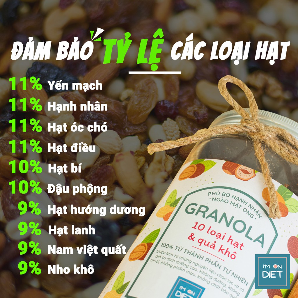 GRANOLA KHÔNG ĐƯỜNG ĂN KIÊNG | PHỦ BƠ HẠNH NHÂN - NGÀO MẬT ONG I 10 LOẠI HẠT & QUẢ KHÔ | 'M ON DIET | 250g - 500g