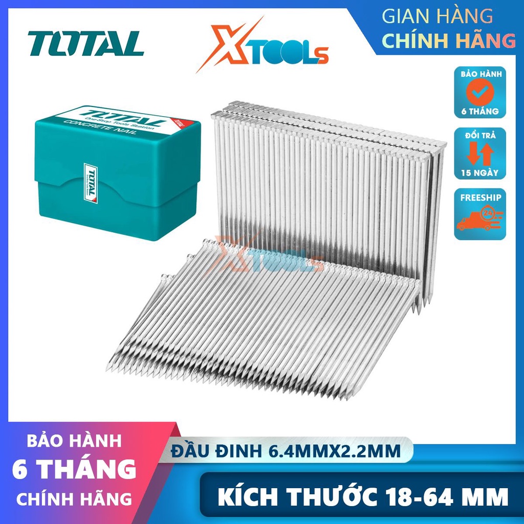 Đinh bấm bê tông TOTAL chiều dài 18-64mm, 1000 chiếc/hộp, đầu đinh 6.4x2.2mm, đường kính 2.2mm - CHÍNH HÃNG - XTOOLS