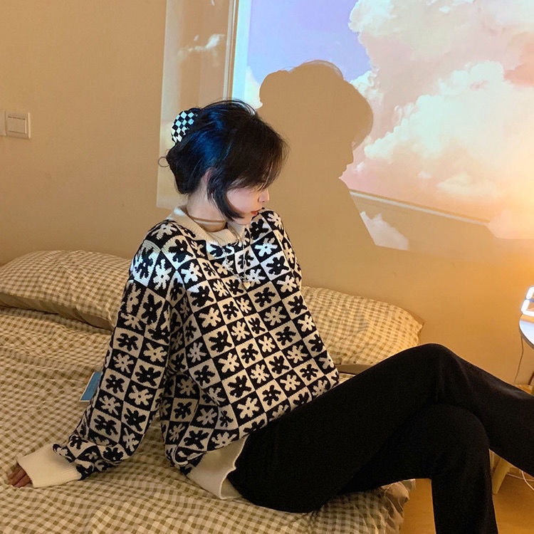 Áo sweater dáng rộng họa tiết sọc caro màu xanh dương sữa phong cách Hàn Quốc thời trang mùa thu cho nữ 2021