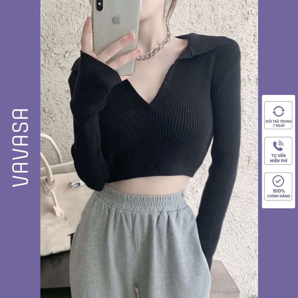 Áo croptop nữ tay dài kiểu ôm polo có cổ bigsize thun body VAVASA CT06