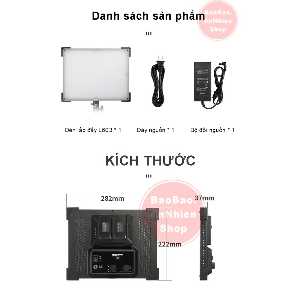 Đèn led nhiếp ảnh Sutefoto L60B - quay video, chụp ảnh, điều chỉnh nhiệt độ mầu, sáng tối bằng remote và nút vật lý