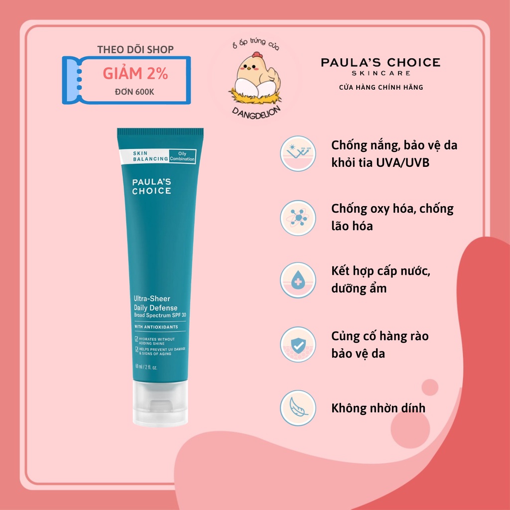 (02/24) Kem chống nắng cân bằng dầu thừa Skin Balancing Ultra-Sheer Daily Defense SPF30 Paula's Choice 60ml