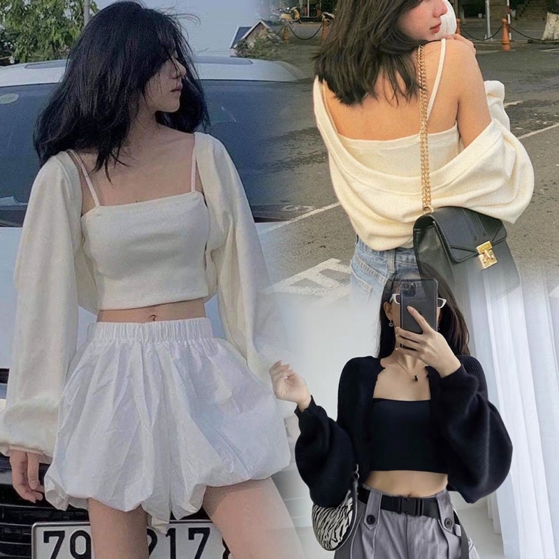 Set áo croptop mix áo khoác tay phồng màu trắng freesize sexy tôn dáng phong cách hàn quốc