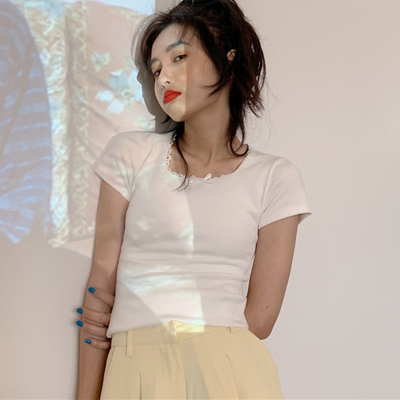 Áo Dệt Kim Ngắn Tay Cổ Vuông Màu Trơn Kiểu Hàn Quốc Xinh Xắn Cho Nữ