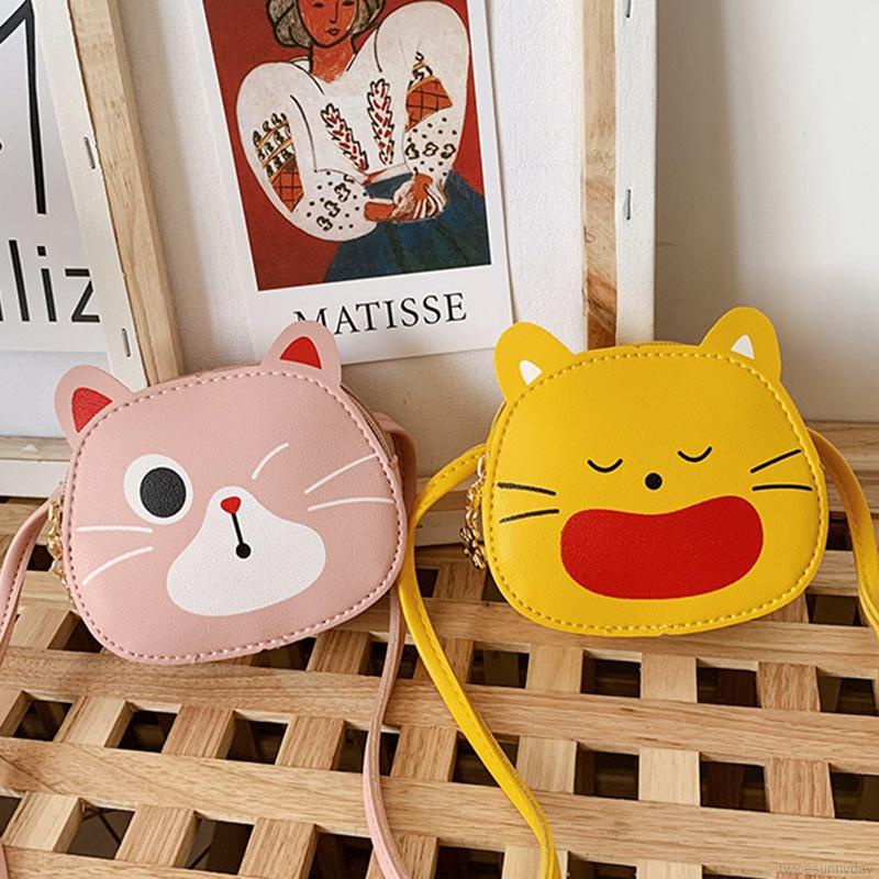 Túi đeo chéo da PU in họa tiết mèo hoạt hình dễ thương thời trang cho bé