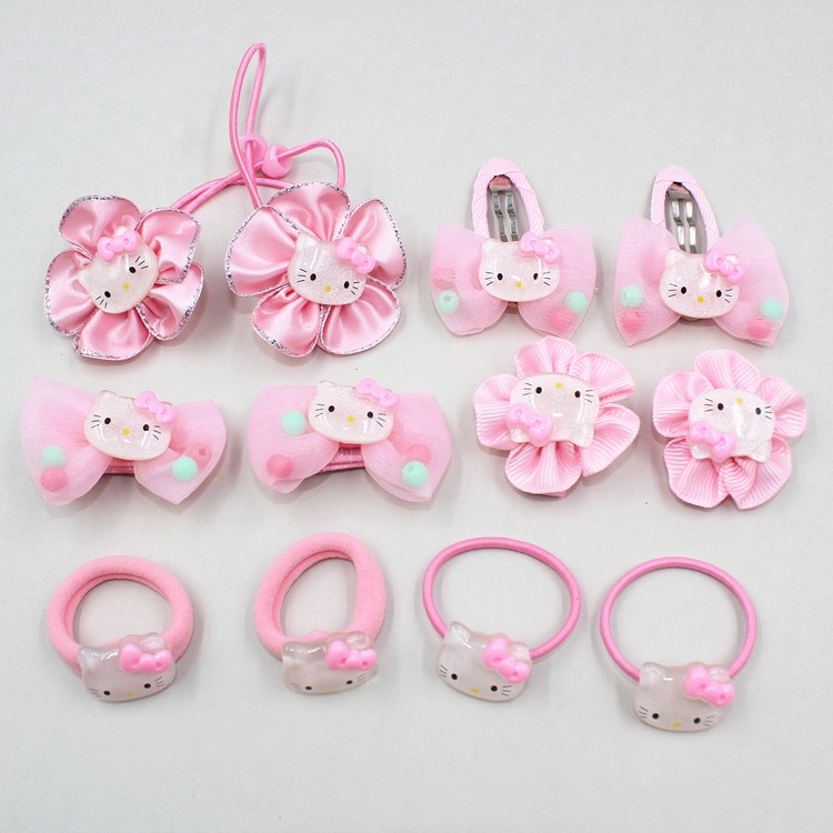 [14 pcs set] Set Dây Buộc Tóc Co Giãn Phối Ren Hoa Màu Hồng Phong Cách Hàn Quốc Cho Bé Gái