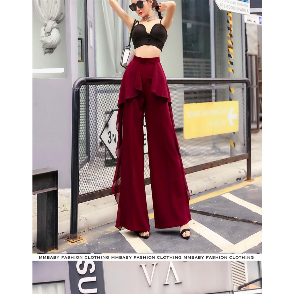 Quần Dài Ống Loe Chất Liệu Chiffon Màu Đen Thời Trang Quyến Rũ Cho Nữ