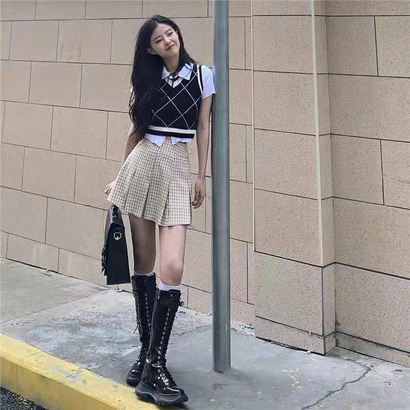 Áo len không tay cổ chữ V họa tiết sọc caro thời trang cho nữ | BigBuy360 - bigbuy360.vn